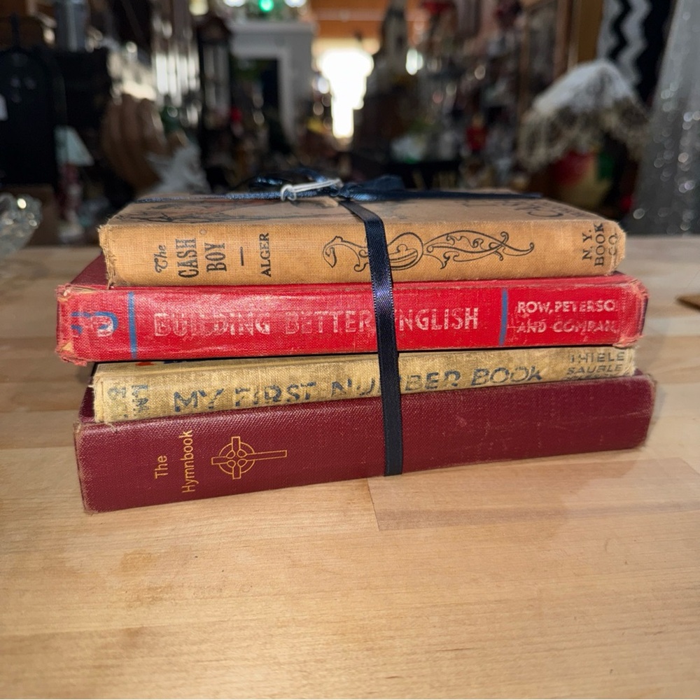 Antique red and cream book stack